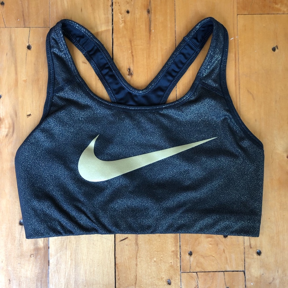 NIKE WOMENS BLACK & GOLD RACERBACK SPORTS BRA